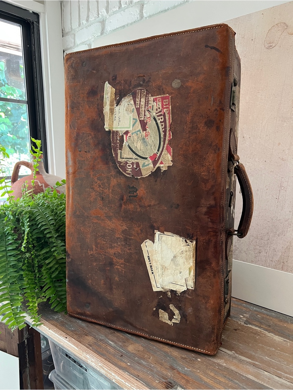 Antique Brown Leather Suitcase / Luggage with Original Key & Travel Stickers